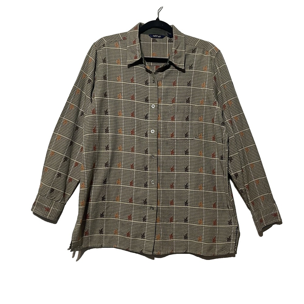 Krazy Kat Womens Check Button Down Fall Leaves Shirt Long Sleeve Collard Size XL